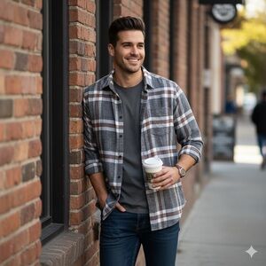 Goodfellow & Co Gray, White, and Orange Plaid Shirt